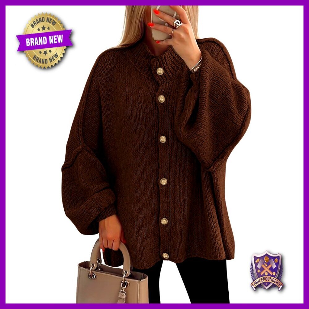 Chunky Knit Cardigan Sweater, Mock Neck, Lantern Sleeves, Loose Fit, Hand Wash